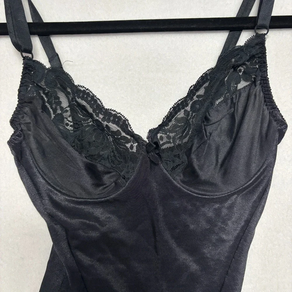Vintage OLGA‎ 42007 Black Lace Trim Full Body Shaper Bodysuit 34B